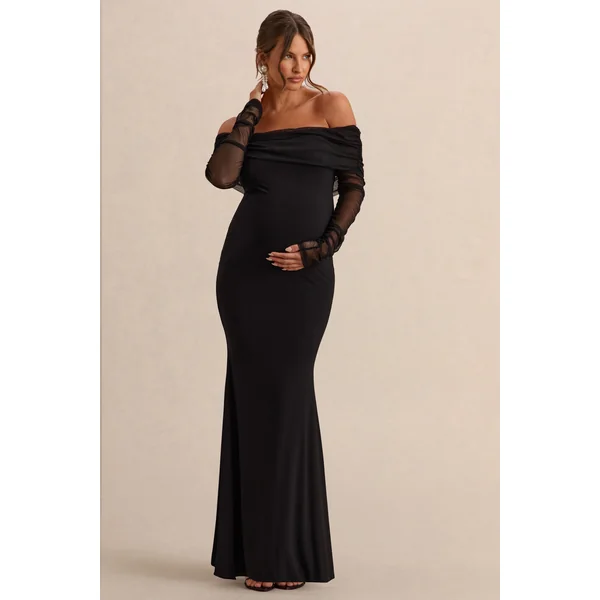 Pretty Perfect | Robe de maternité longue noire à décolleté bardot