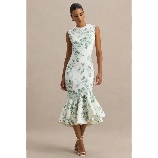 Priceless | Robe mi-longue sirène à col montant imprimé porcelaine vert