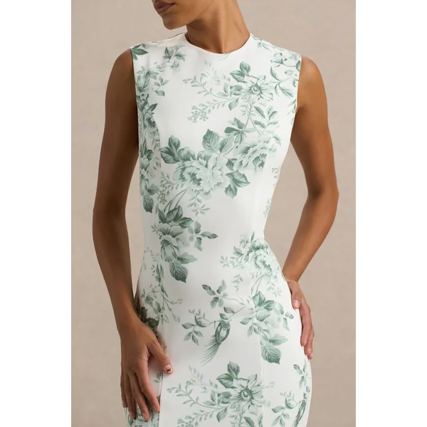 Priceless | Robe mi-longue sirène à col montant imprimé porcelaine vert