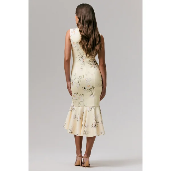 Priceless | Robe mi-longue sirène à col rond et imprimé citron