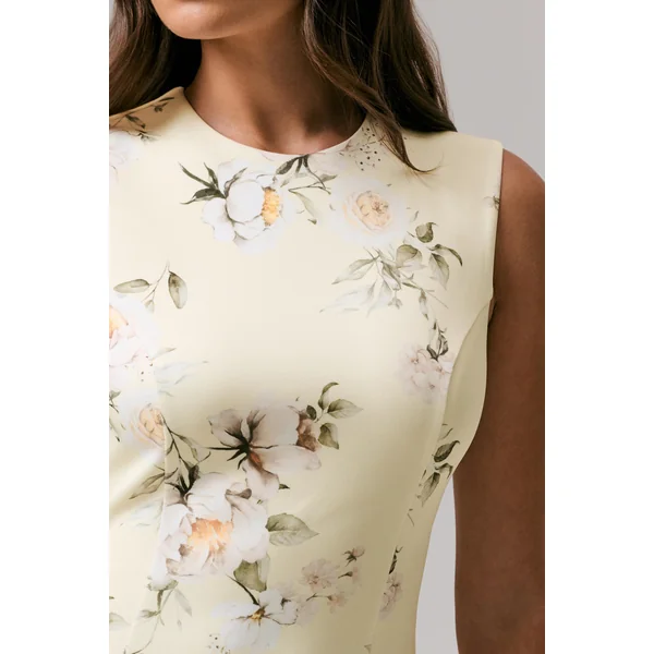 Priceless | Robe mi-longue sirène à col rond et imprimé citron
