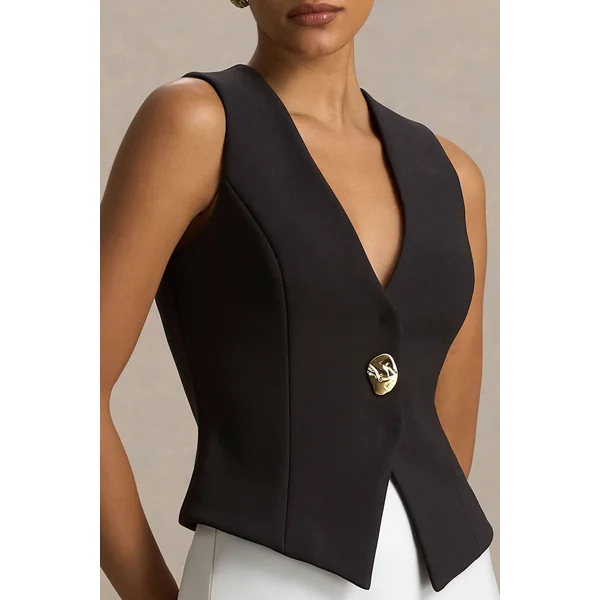 Priscilla | Gilet Noir à Taille Cintrée et Décolleté Plongeant
