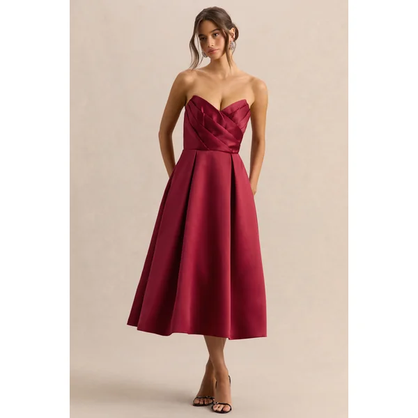 Promises | Robe mi-longue en satin bordeaux à décolleté bandeau