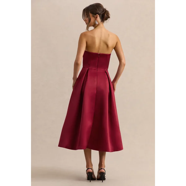 Promises | Robe mi-longue en satin bordeaux à décolleté bandeau