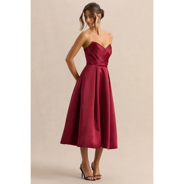 Promises | Robe mi-longue en satin bordeaux à décolleté bandeau