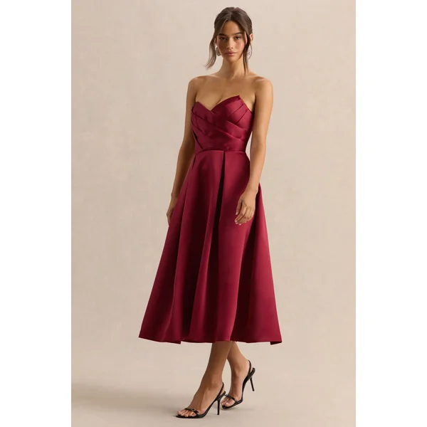 Promises | Robe mi-longue en satin bordeaux à décolleté bandeau