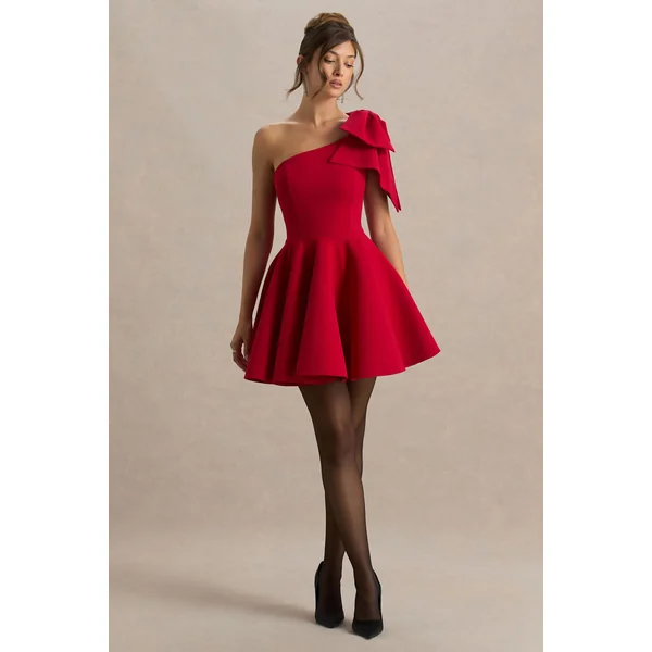 Prosperity | Mini-robe rouge à décolleté asymétrique avec détail nœud