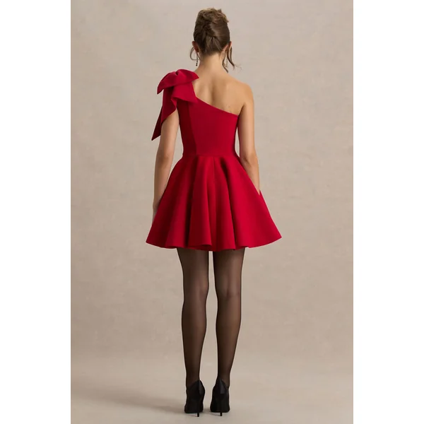 Prosperity | Mini-robe rouge à décolleté asymétrique avec détail nœud
