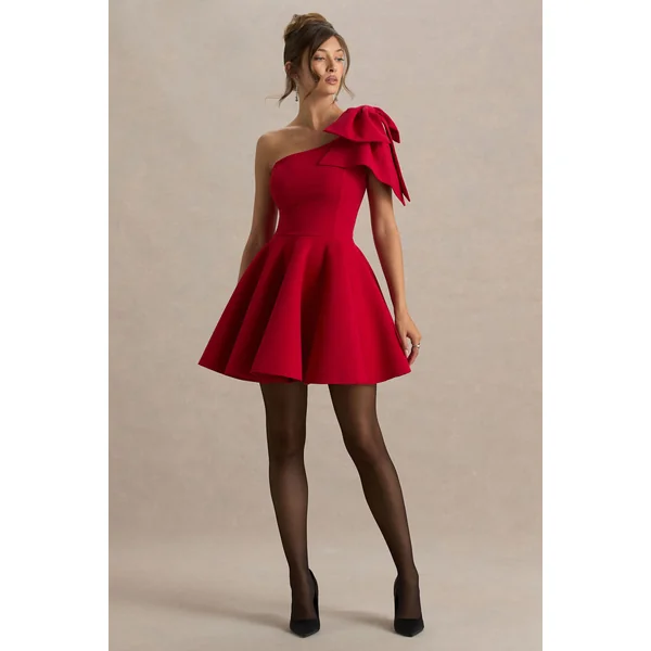Prosperity | Mini-robe rouge à décolleté asymétrique avec détail nœud