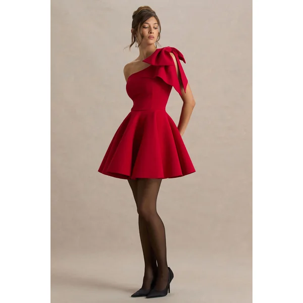 Prosperity | Mini-robe rouge à décolleté asymétrique avec détail nœud