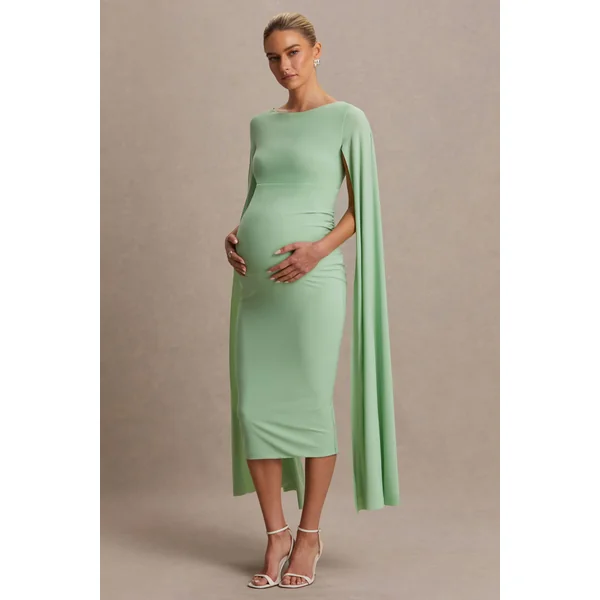 Providence | Robe Mi-Longue De Maternité Vert Clair à Col Haut avec Manches Cape