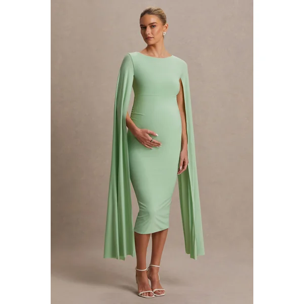 Providence | Robe Mi-Longue De Maternité Vert Clair à Col Haut avec Manches Cape