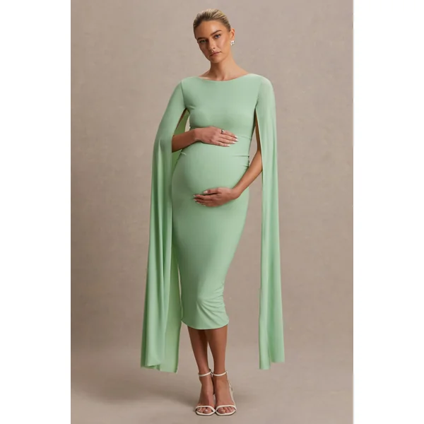 Providence | Robe Mi-Longue De Maternité Vert Clair à Col Haut avec Manches Cape