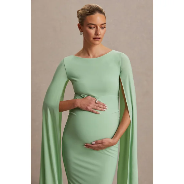 Providence | Robe Mi-Longue De Maternité Vert Clair à Col Haut avec Manches Cape
