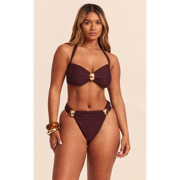 Prune Haut De Bikini Échancré Avec Tour De Cou Et Finitions Dorées