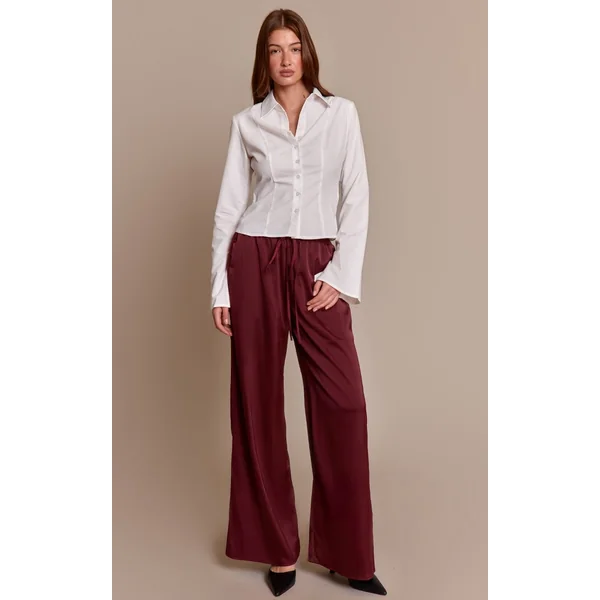 Prune Pantalon Large En Satin Taille Basse Avec Lien À Nouer