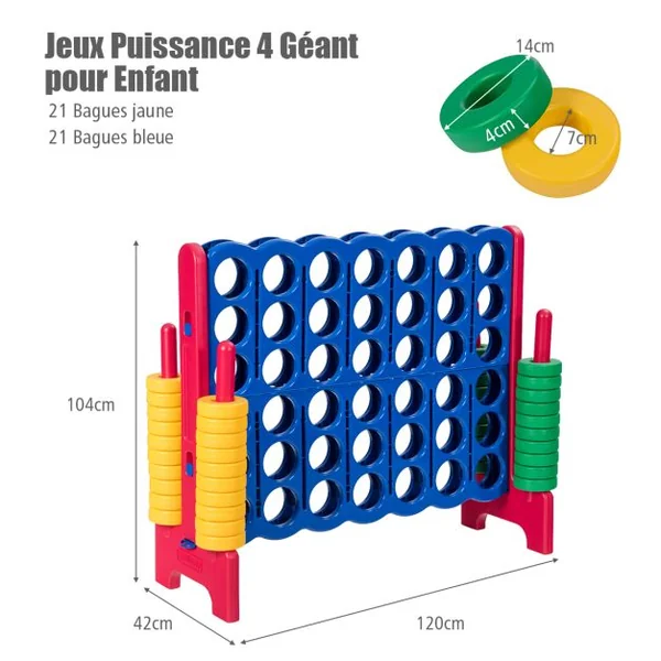 Puissance 4 Géant pour Enfants et Adultes avec 42 Jetons Circulaires Majorité en couleur Bleu/Rouge/Vert