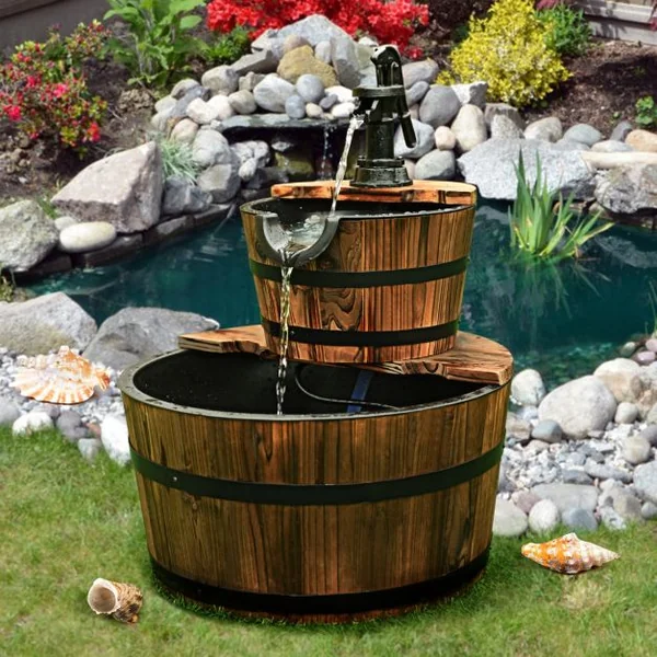 Puit Décoration de Jardin 2 Etages Fontaine en Cascade de Cour avec Pompe Ecoulement d’Eau Ajustable en Bois de Sapin