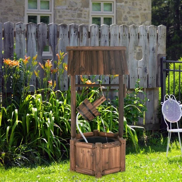 Puits en Bois Extérieur Fontaine de Jardin 60x57x115 cm avec Pompe Electrique Débit 300 L/h Tuyau Transparent Seau Suspendu