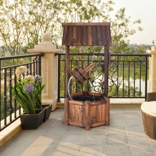 Puits en Bois Extérieur Fontaine de Jardin 60x57x115 cm avec Pompe Electrique Débit 300 L/h Tuyau Transparent Seau Suspendu