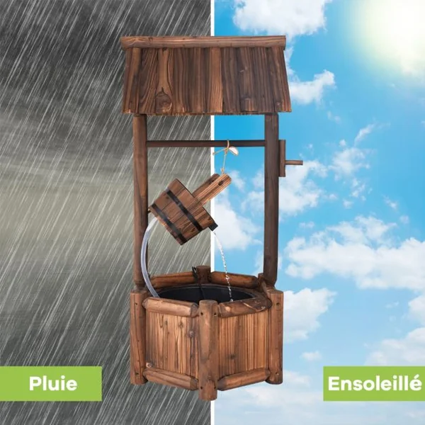 Puits en Bois Extérieur Fontaine de Jardin 60x57x115 cm avec Pompe Electrique Débit 300 L/h Tuyau Transparent Seau Suspendu