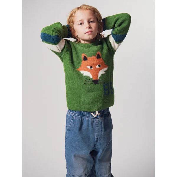 Pull en tricot vert avec jacquard renard - Soins Bébé Naturels & Produits Maman Après Naissance