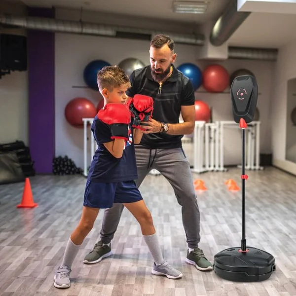 Punching Ball Enfants sur Pied Réglable en Hauteur 95-126 cm Sac de Frappe Boxe avec Gants et Base Remplissable Rebond Rapide pour 5 Ans+