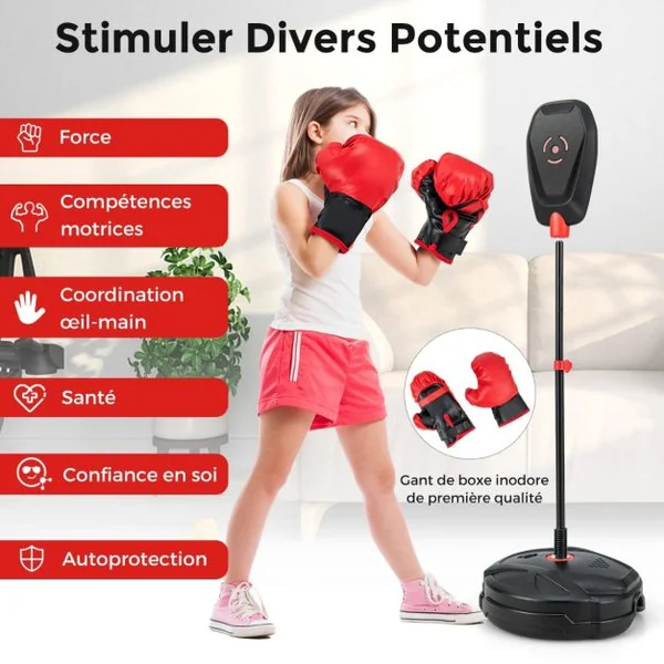 Punching Ball Enfants sur Pied Réglable en Hauteur 95-126 cm Sac de Frappe Boxe avec Gants et Base Remplissable Rebond Rapide pour 5 Ans+