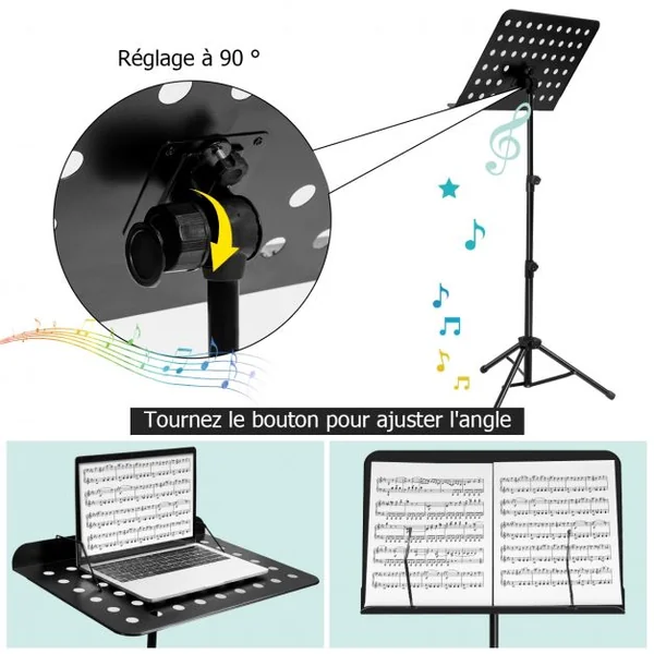 Pupitre pour Partition Pliable Hauteur Réglable en Métal avec Sac Pince Angle Inclinable Charge Max 2,5KG