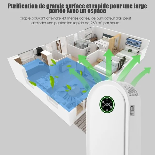 Purificateur d'Air 50w pour Pièces de 30-40m²avec Système de Capteur Intelligent Minuterie Affichage Led 27x17,6x60cm