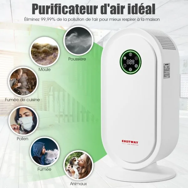 Purificateur d'Air 50w pour Pièces de 30-40m²avec Système de Capteur Intelligent Minuterie Affichage Led 27x17,6x60cm