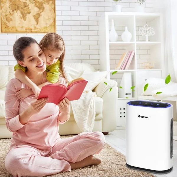 Purificateur D'air avec Filtre Hepa Fonction d'Ion Négatif Veille Minuterie 1-2-4-8h 4 Vitesses 35x18x465cm Blanc
