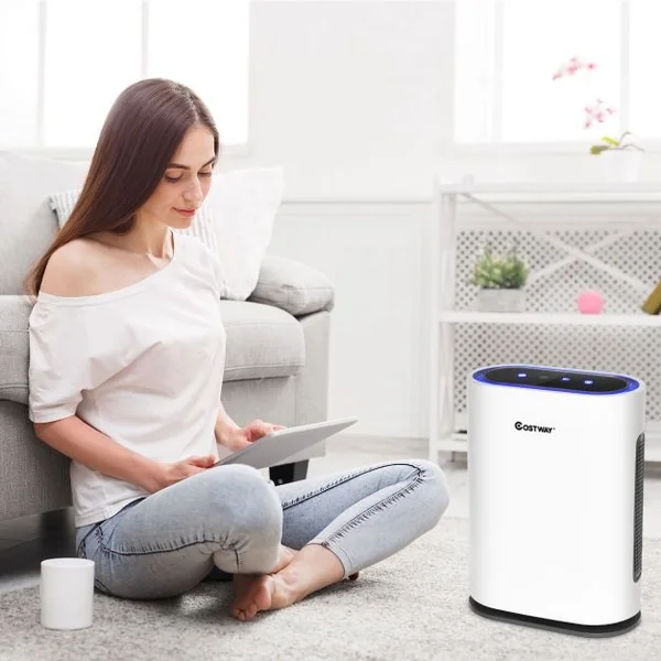 Purificateur D'air avec Filtre Hepa Fonction d'Ion Négatif Veille Minuterie 1-2-4-8h 4 Vitesses 35x18x465cm Blanc