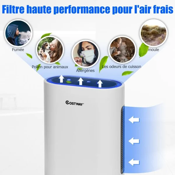 Purificateur D'air avec Filtre Hepa Fonction d'Ion Négatif Veille Minuterie 1-2-4-8h 4 Vitesses 35x18x465cm Blanc