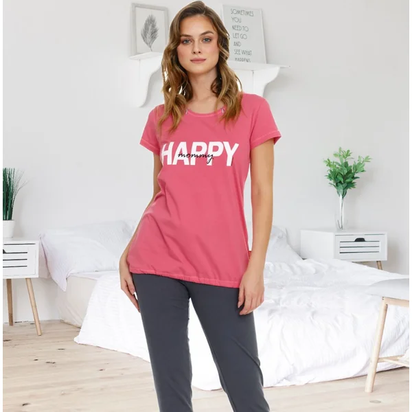 Pyjama de grossesse et d'allaitement en coton oeko-tex - Fuschia/Bleu - Reste L