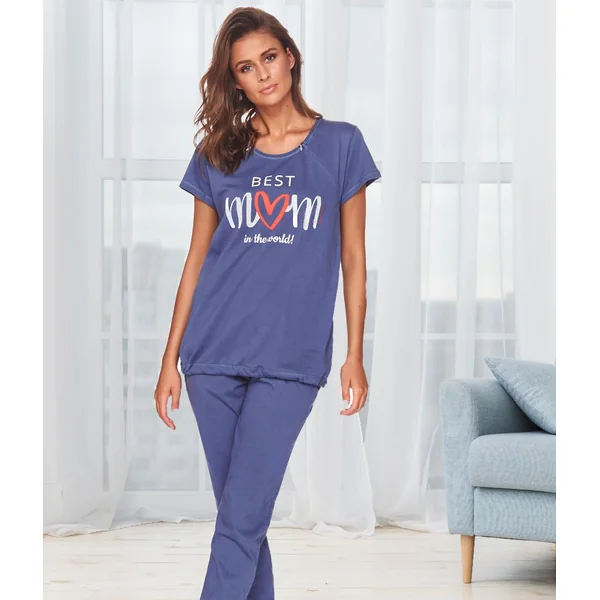 Pyjama de grossesse et d'allaitement en coton oeko-tex - Fuschia/Bleu - Reste L