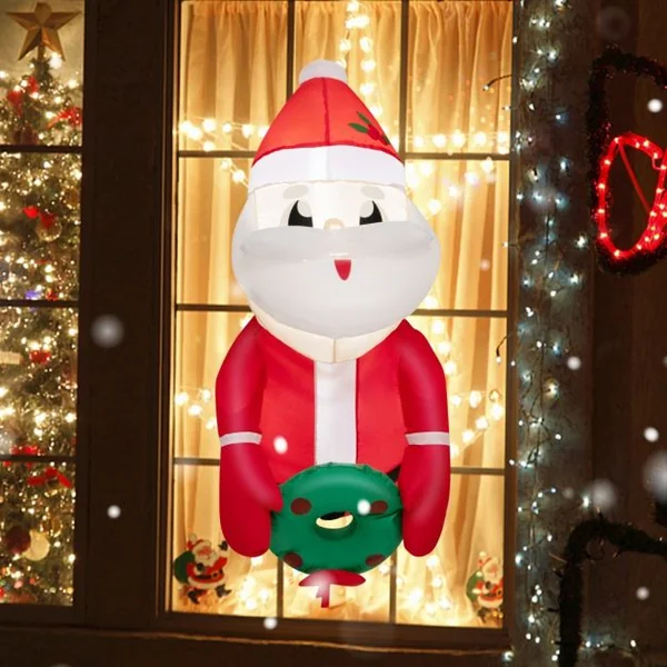 Père Noël Gonflable 100CM - Décoration Fenêtre de Noël Gonflable - 2 Lumières LED Intégrées 3Ventouses