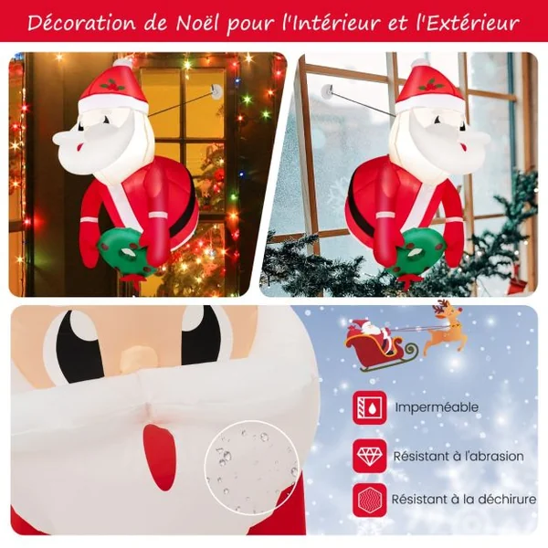 Père Noël Gonflable 100CM - Décoration Fenêtre de Noël Gonflable - 2 Lumières LED Intégrées 3Ventouses