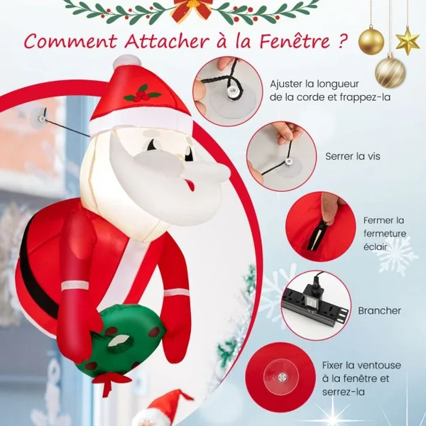 Père Noël Gonflable 100CM - Décoration Fenêtre de Noël Gonflable - 2 Lumières LED Intégrées 3Ventouses