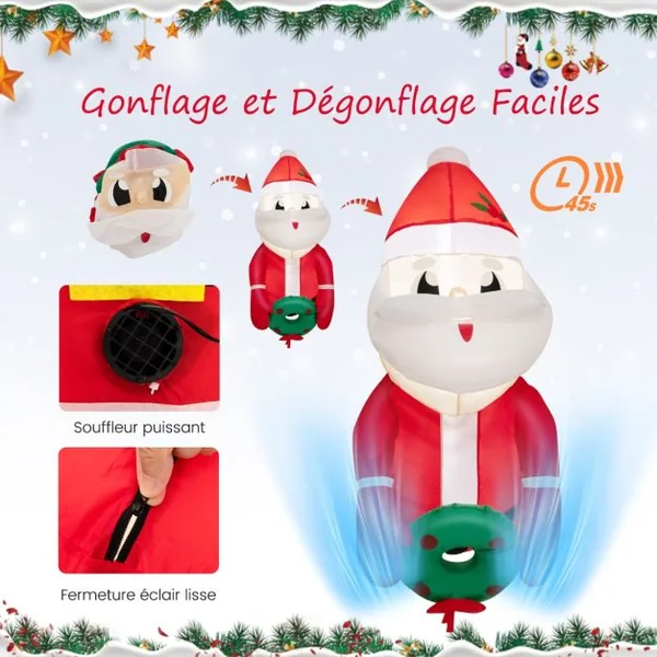 Père Noël Gonflable 100CM - Décoration Fenêtre de Noël Gonflable - 2 Lumières LED Intégrées 3Ventouses