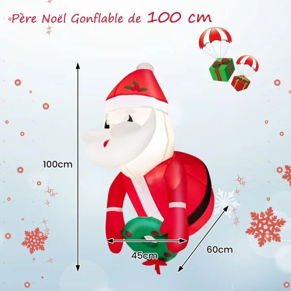 Père Noël Gonflable 100CM - Décoration Fenêtre de Noël Gonflable - 2 Lumières LED Intégrées 3Ventouses