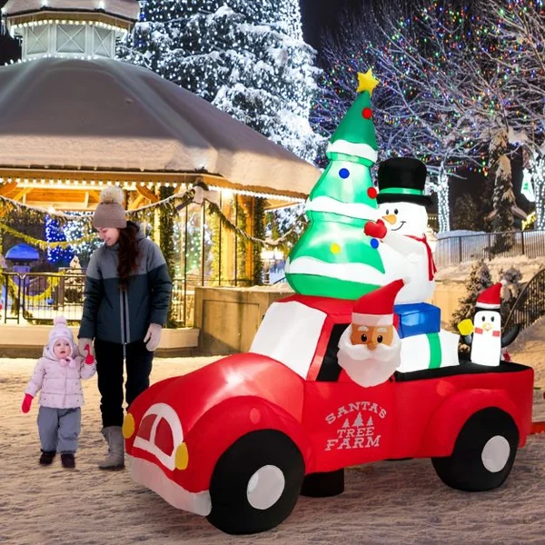 Père Noël Gonflable de 240 cm de Large Conduisant une Voiture avec LEDS et Gonfleur Décoration Gonflable de Cour avec Bonhomme de Neige et Pingouin Extérieure Intérieure