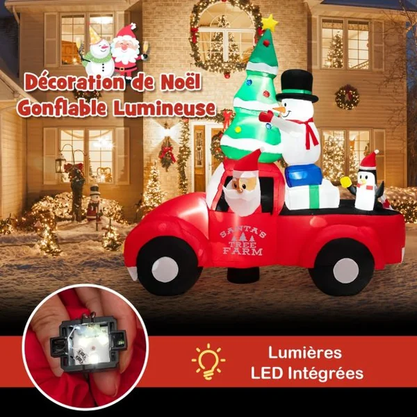 Père Noël Gonflable de 240 cm de Large Conduisant une Voiture avec LEDS et Gonfleur Décoration Gonflable de Cour avec Bonhomme de Neige et Pingouin Extérieure Intérieure