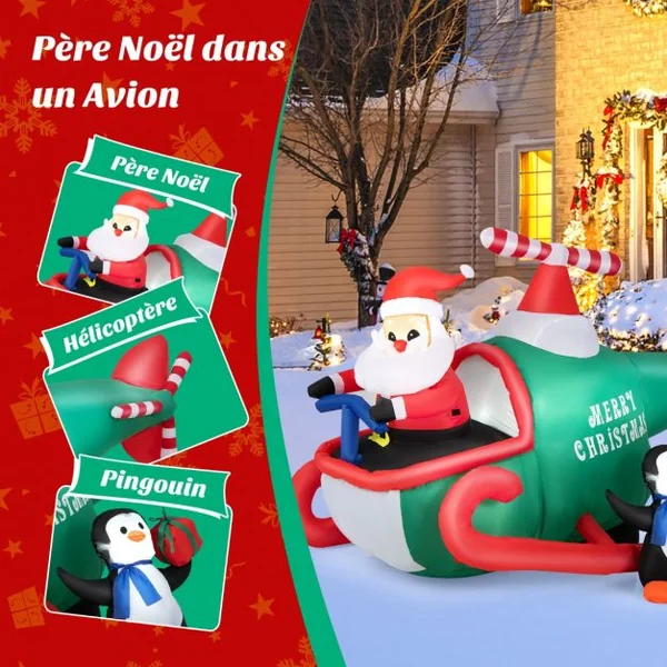 Père Noël Gonflable Décoratif 190CM de Long avec Hélicoptère/Pingouin/Cadeau Décoration de Noël avec Lumières LED Gonfleur