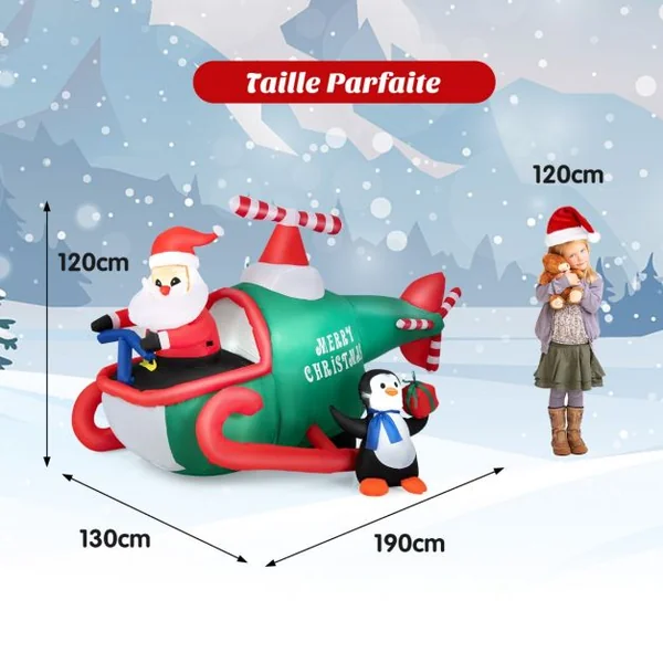 Père Noël Gonflable Décoratif 190CM de Long avec Hélicoptère/Pingouin/Cadeau Décoration de Noël avec Lumières LED Gonfleur
