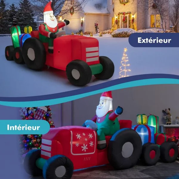 Père Noël Gonflable Décoratif 270 CM de Long avec Tracteur et Cadeaux Décoration de Noël avec Lumières LED Gonfleur