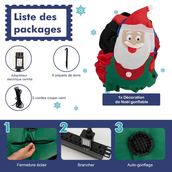 Père Noël Gonflable Décoratif 270 CM de Long avec Tracteur et Cadeaux Décoration de Noël avec Lumières LED Gonfleur
