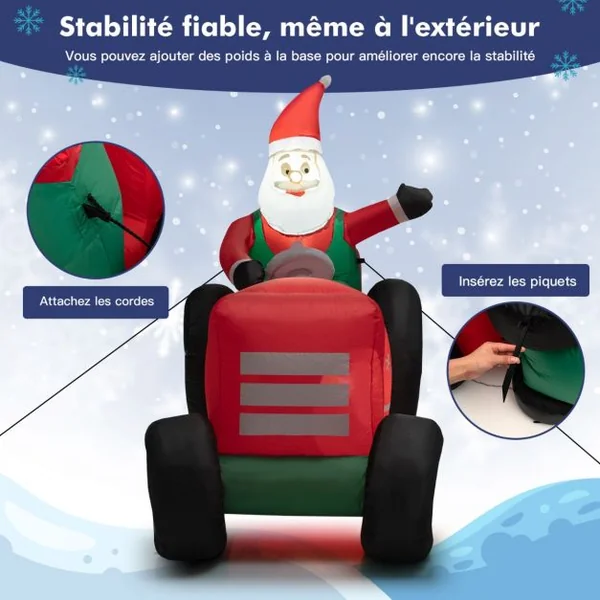 Père Noël Gonflable Décoratif 270 CM de Long avec Tracteur et Cadeaux Décoration de Noël avec Lumières LED Gonfleur
