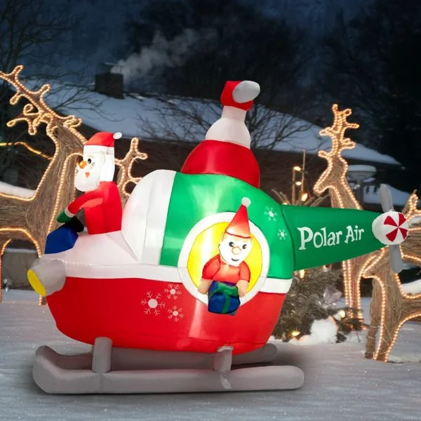 Père Noël Gonflable Décoratif Hélicoptère Décoration de Noël Longeur 180 cm avec 3 Lumières LED