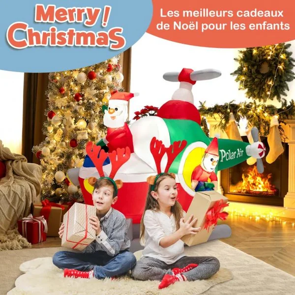 Père Noël Gonflable Décoratif Hélicoptère Décoration de Noël Longeur 180 cm avec 3 Lumières LED